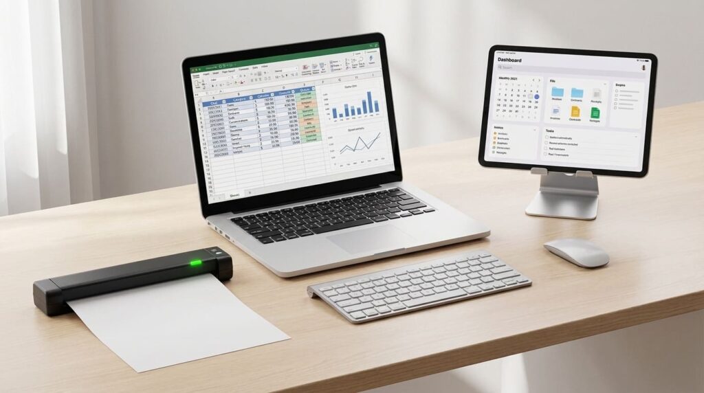 Organização Digital: Ferramentas e Hábitos para um Home Office Sem Papel Mesa de home office com notebook, tablet, scanner portátil e arquivos digitais organizados.