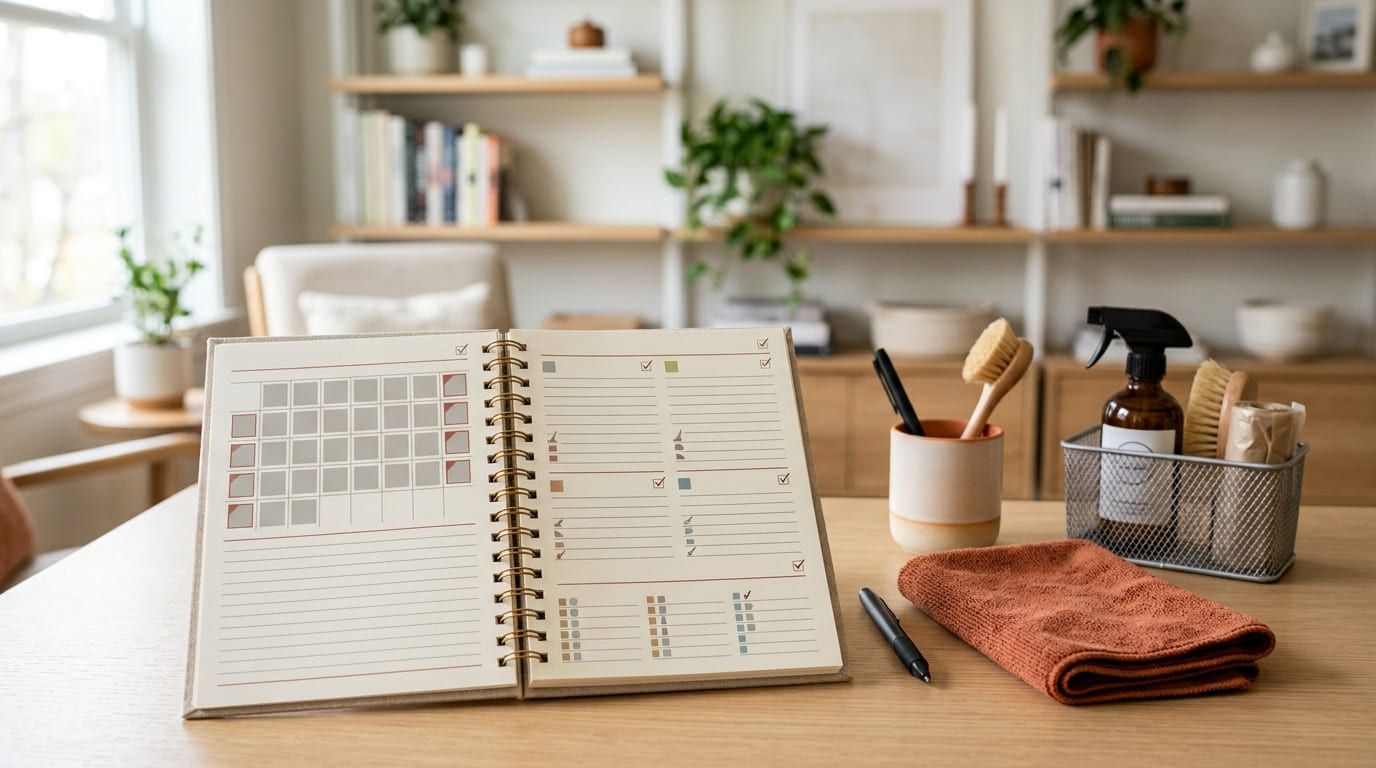 Caderno com planejamento de tarefas de limpeza sobre uma mesa organizada.